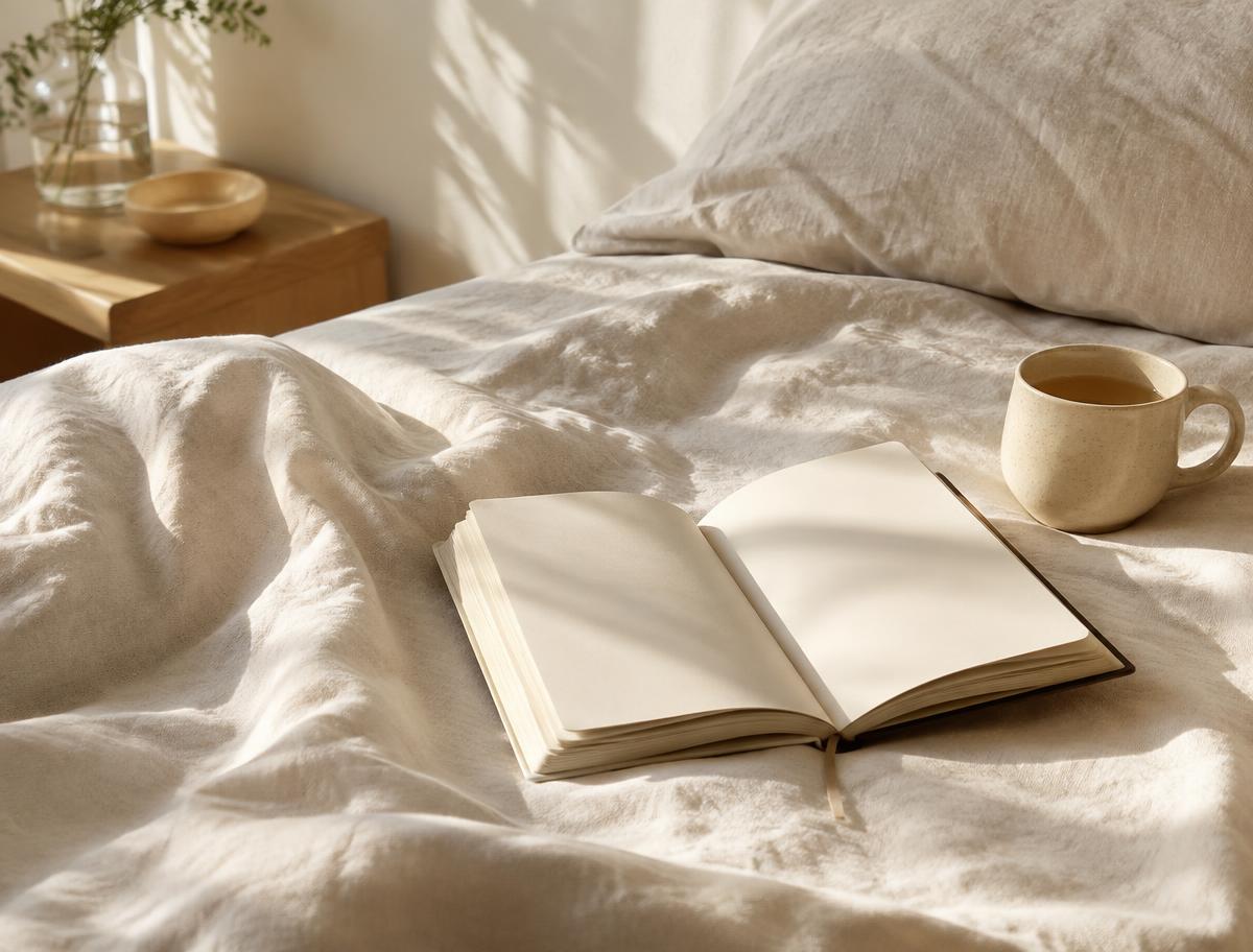 An open journal on linen sheets in morning light