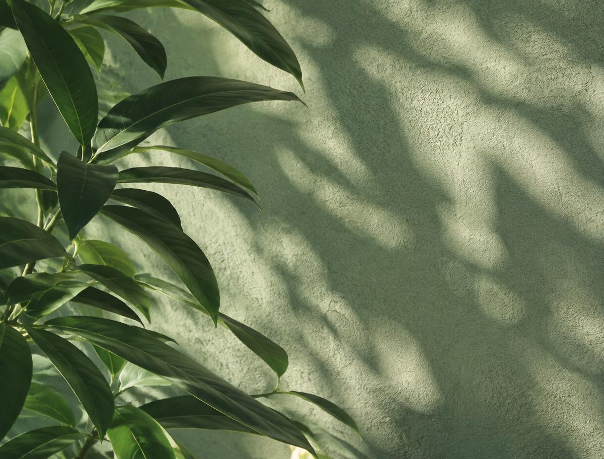 Green leaves casting soft shadows on a sage wall
