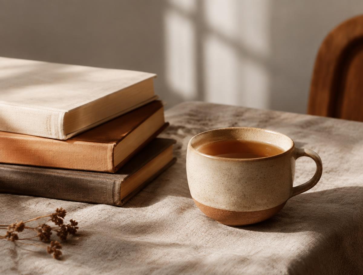 A ceramic cup of tea beside a stack of books