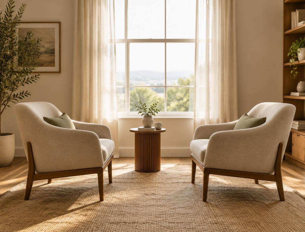 Two comfortable chairs facing each other by a sunlit window