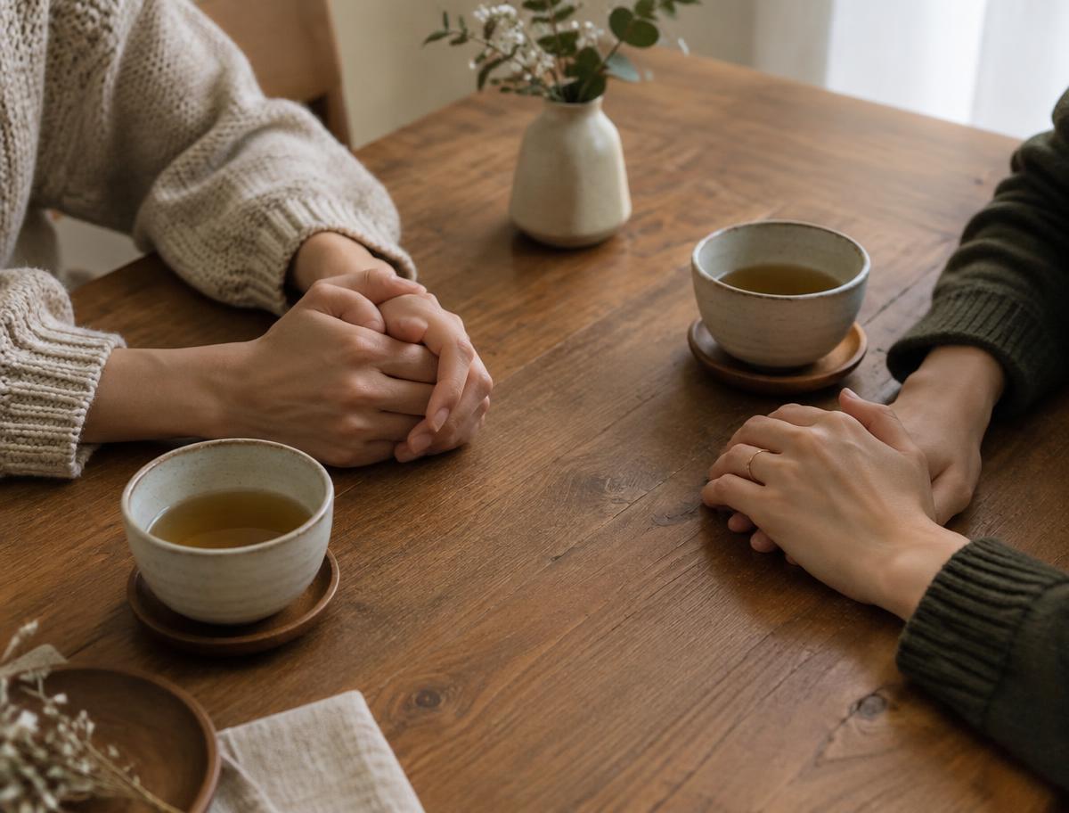 Two people's hands resting on a wooden table with cups of tea