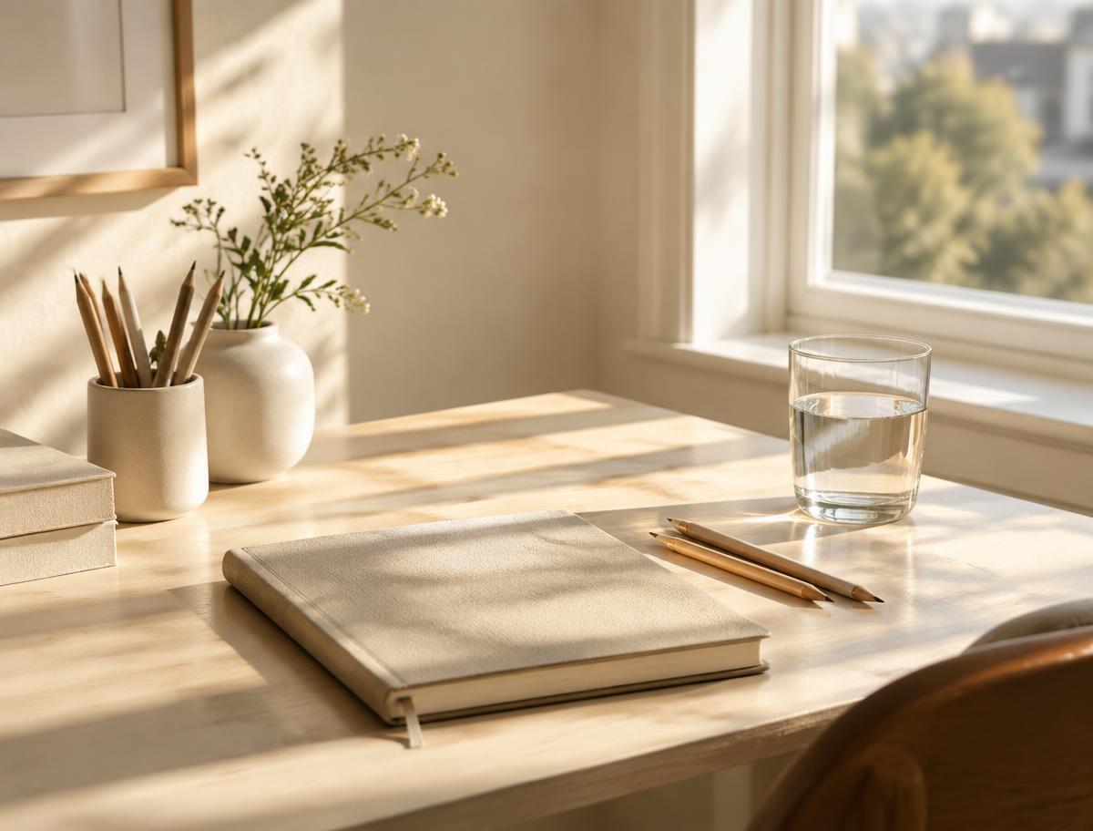 A journal and pencils on a sunlit wooden desk