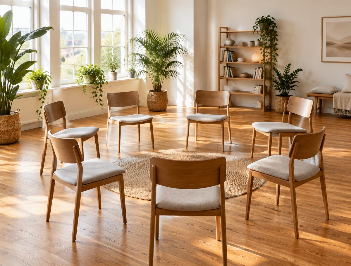 A circle of wooden chairs in a bright studio with plants