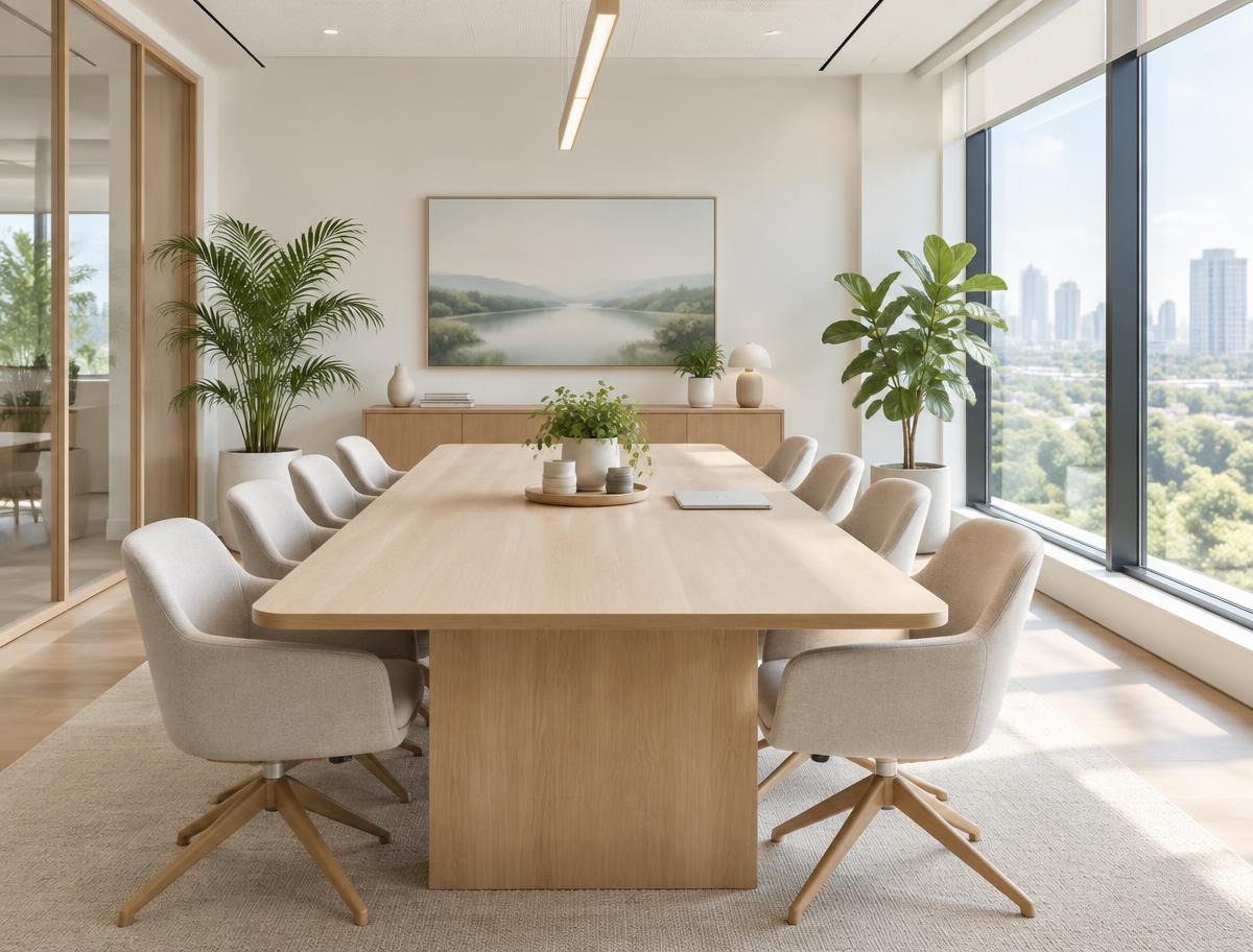 A bright meeting room with a light wood table and plants