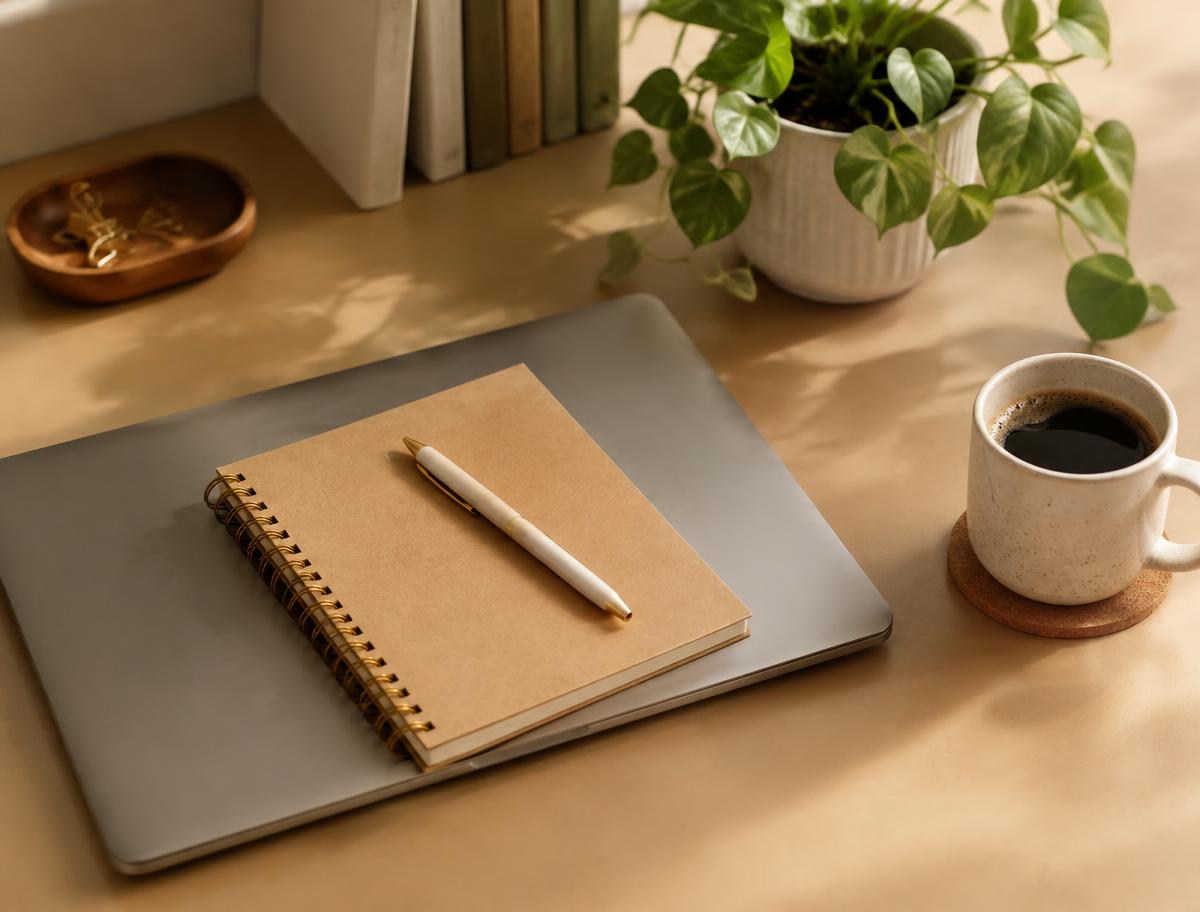 A closed laptop, notebook and coffee on a warm neutral desk